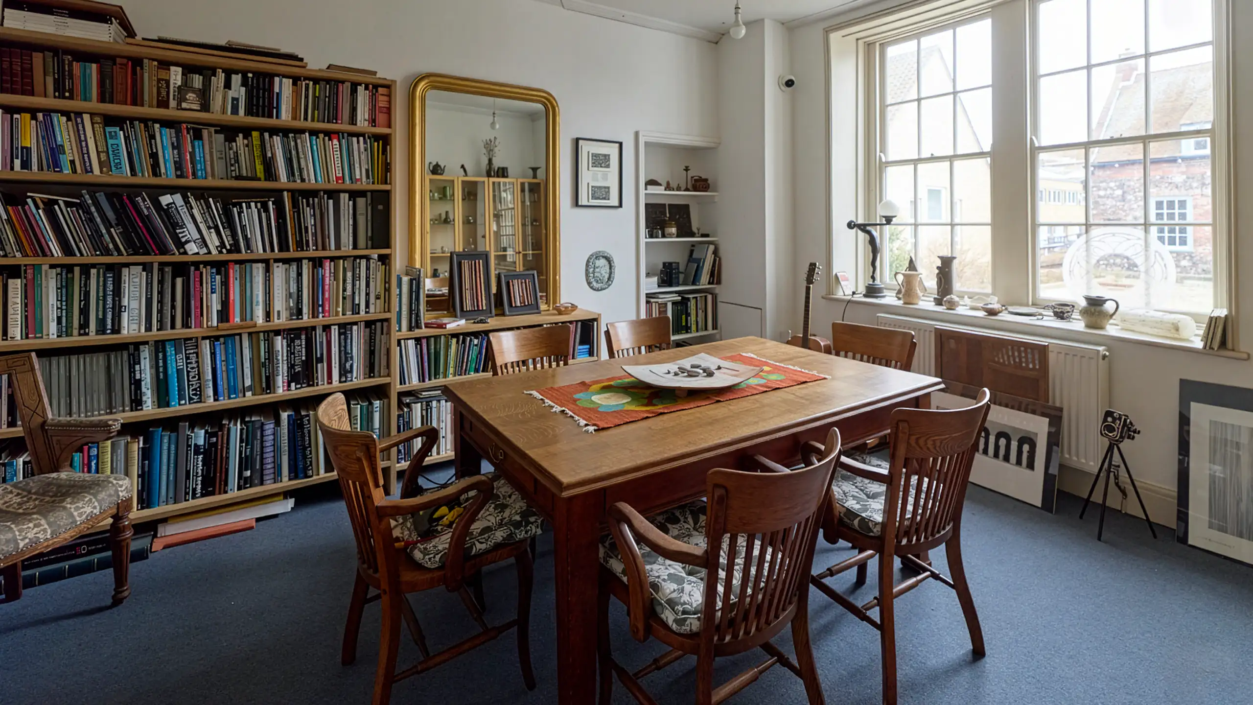 A bright room with large Georgian windows, white walls, built-in shelving, and a long wooden table with several chairs.