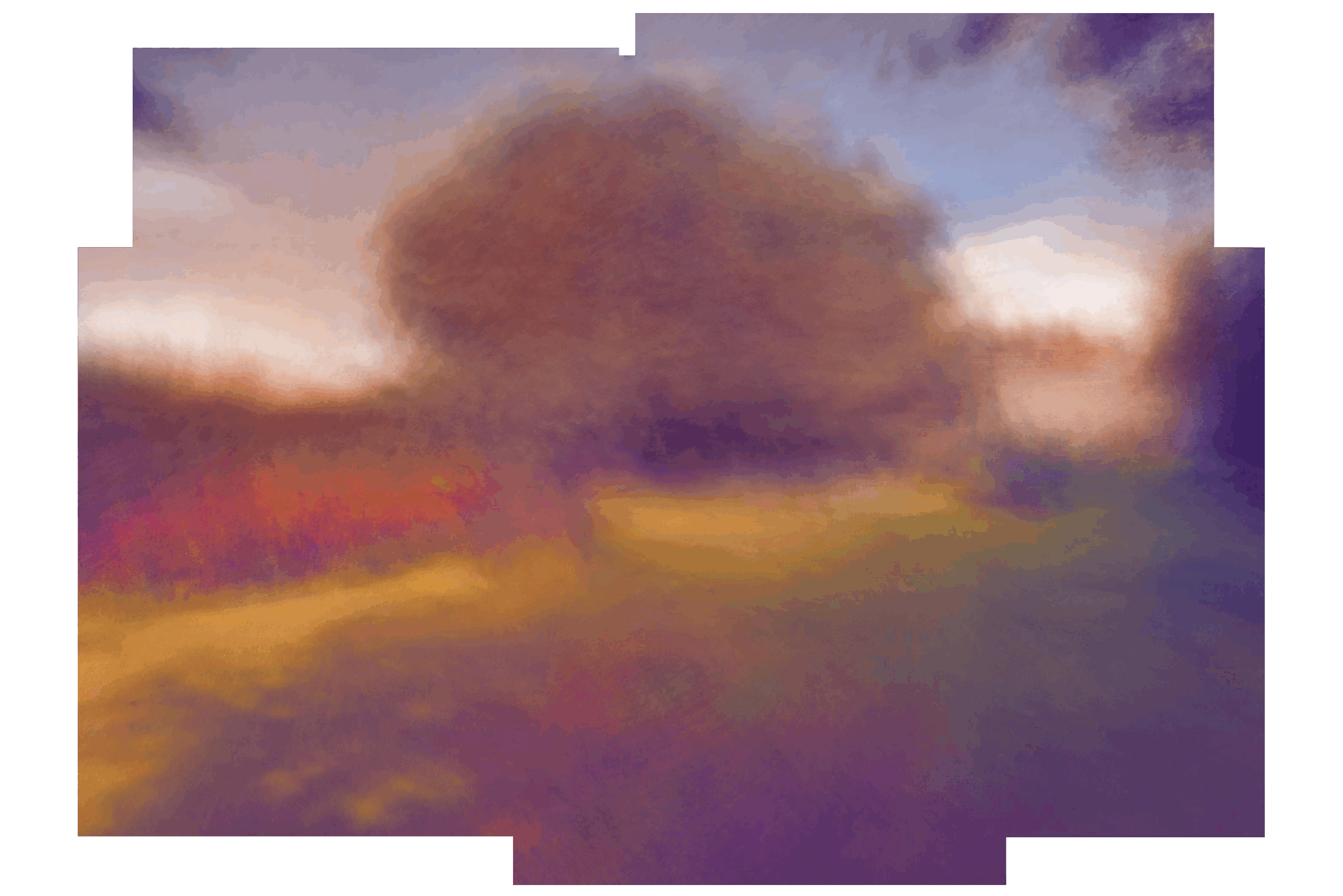 An abstract, blurry photo of a garden landscape. The image is a composite of multiple exposures, with a hazy, central form suggesting a large tree. The colors are muted, with tones of purple, brown, and golden-yellow.