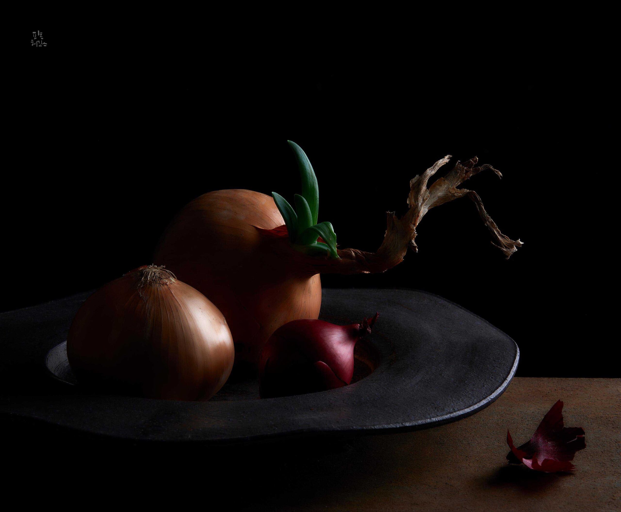  A dark still life of three onions on a black plate, with one sprouting green shoots.