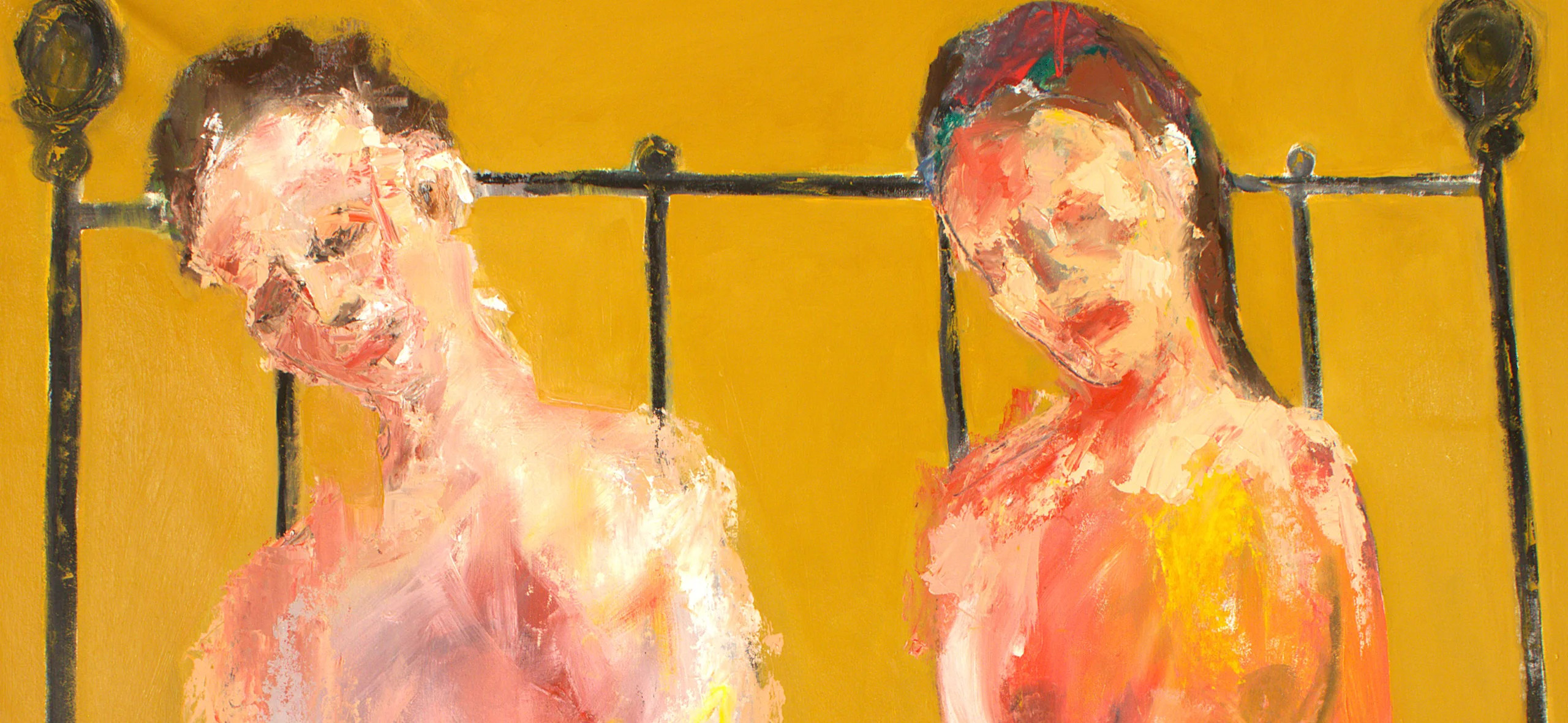 An expressionist oil painting by Darren Barker, depicting two stylized nude figures sitting on a white bed with a black iron headboard. The background is a solid, vibrant mustard yellow. The figures are rendered with expressive, energetic brushwork in shades of pink, orange, and red, with one figure leaning toward the other. A small glass or chalice is visible on the far left.