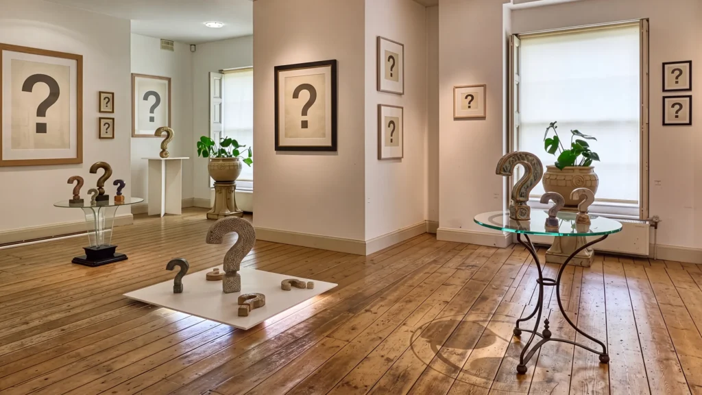 A view of the main room at South Quay Gallery with the walls covered in frames containing question marks.